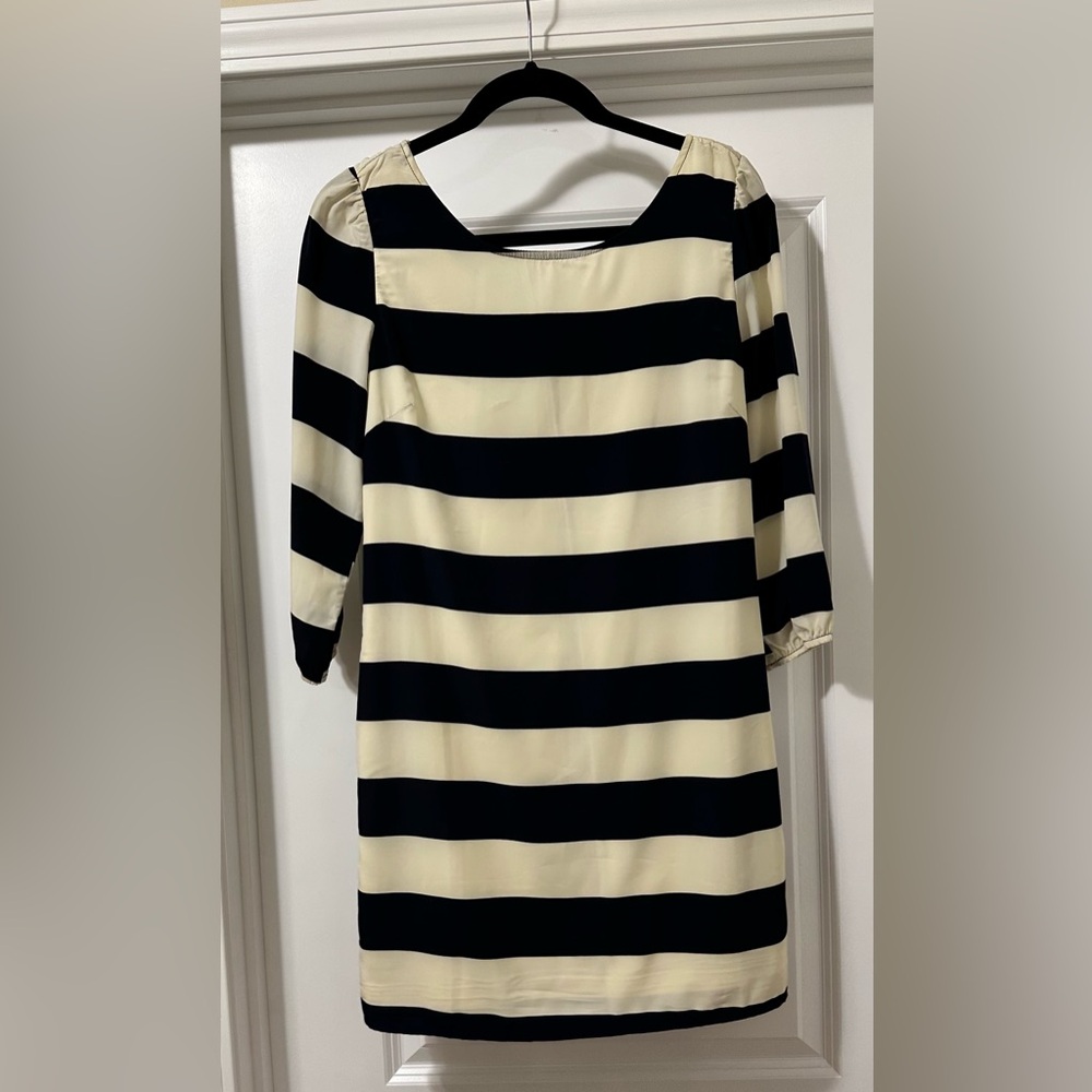 👗🖤 Pink Owl Black & Cream Striped Sheath Dress Size M